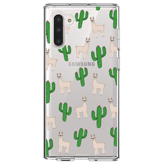 DistinctInk Clear Shockproof Hybrid Case for Samsung Galaxy Note 10 (6.3" Screen) - TPU Bumper, Acrylic Back, Tempered Glass Screen Protector - Llamas and Cacti Cactus