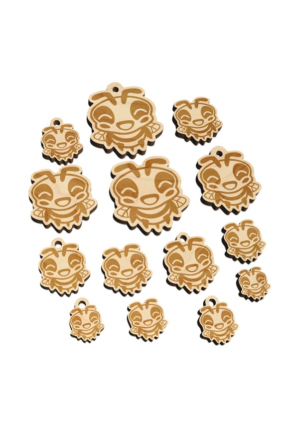 Cute Bee Laughing LOL Wood Mini Charms Shapes DIY Craft Jewelry - No Hole - 30mm (6pcs)