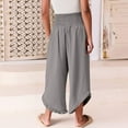 thumbnail image 4 of Mohiass Palazzo Pants for Women Beach Wide Leg Linen Pants Flowy Summer Ruffle Hem Pants 2025 Boho Smocked Waist Trousers with Pockets Gray S, 4 of 5