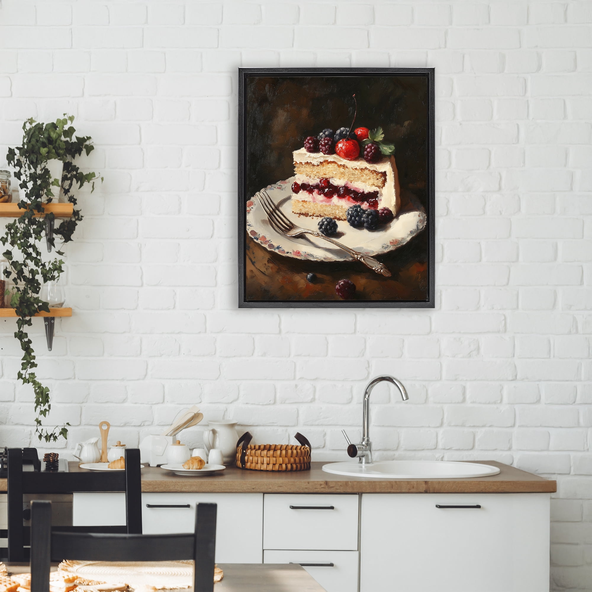 Stupell Industries Berry Topped Cake Slice Black Framed Floater Canvas Wall Art, design by Franklyn Gregory