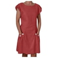thumbnail image 1 of Vestido informal de mujer con cuello redondo, manga corta, botones, color liso y bolsillos, corte holgado y largo mini, 1 of 8