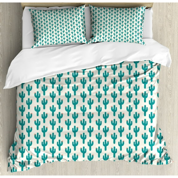 Cactus Print Duvet Cover Set, Illustration of Cacti Silhouettes with a Flower Doodle Repetition, Decorative 3 Piece Bedding Set with 2 Pillow Shams, Queen Size, Pale Petrol Blue Ivory, by Ambesonne