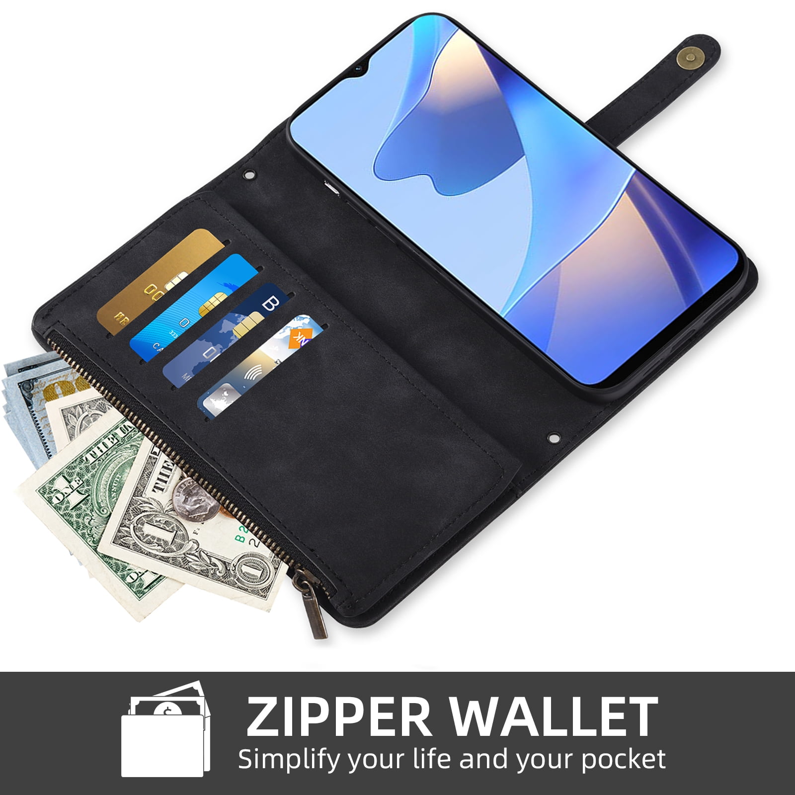 Asuwish Phone Case for Samsung Galaxy A16 5G/4G Wallet Cover With Tempered Glass Screen Protector Crossbody Wrist Strap Flip Pattern Zipper Credit Card Holder Stand Cell A 16 16A SM-A166U Women Black
