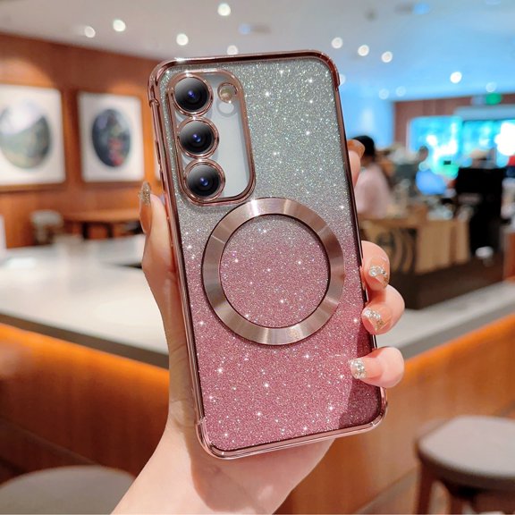 Decase Cover For Samsung Galaxy S22, Mag Safe Bling Case,Luxury Plating Cute Glitter Anti-Scratch Shockproof Cover,with Full Camera Protection Magnetic,Case for Women Girls, pink