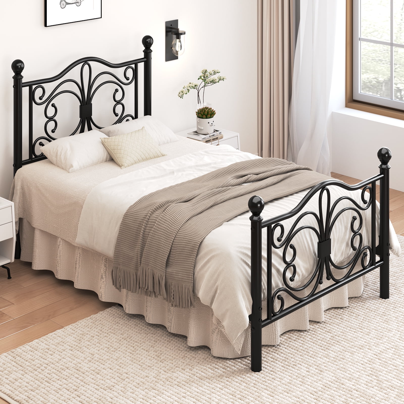 E-motie Metal Platform Bed Frame Twin Size with Butterfly Pattern Vintage Headboard & Footboard, Underbed Storage, Black
