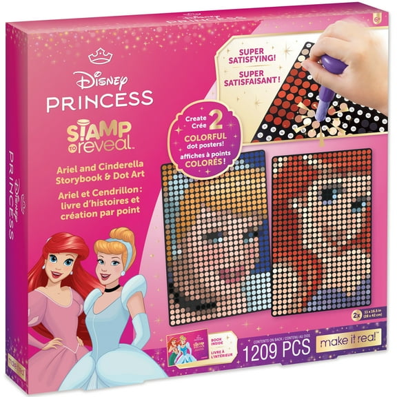 Make It Real: Disney Stamp To Reveal Ariel & Cinderella Storybook & Dot Art - 1209 pcs, DIY 2 Princess Dot Posters, Craft Kit, Girls & Kids Ages 6 