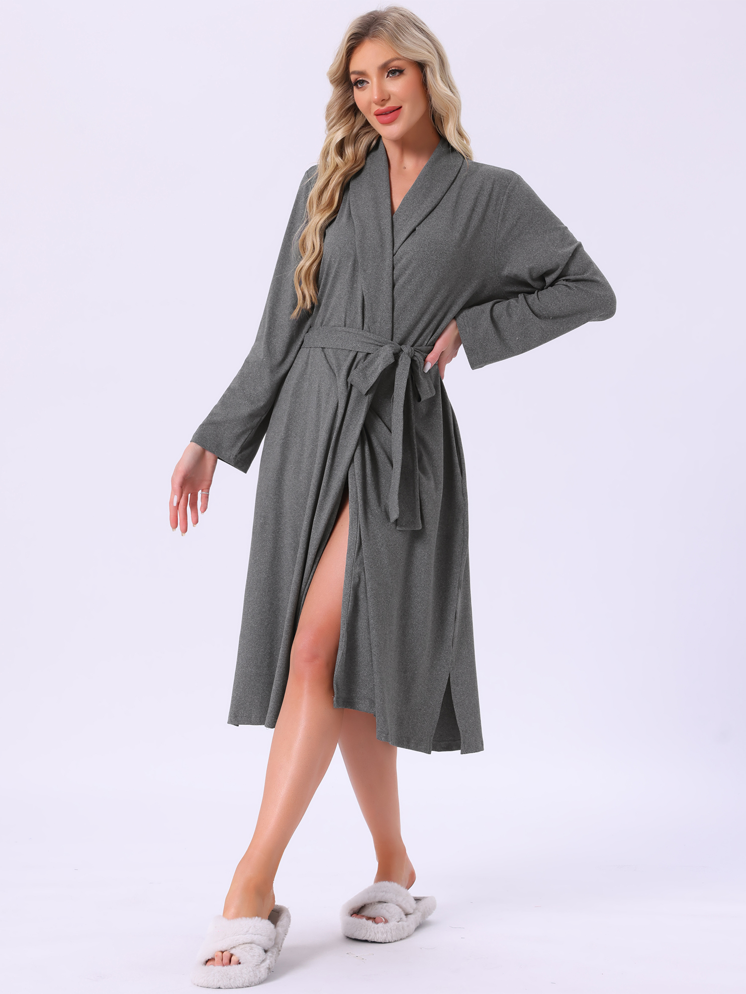 DARING DIVA Long Sleeve V-neck Kimono Midi Loungewear Bathrobe S Dark Gray