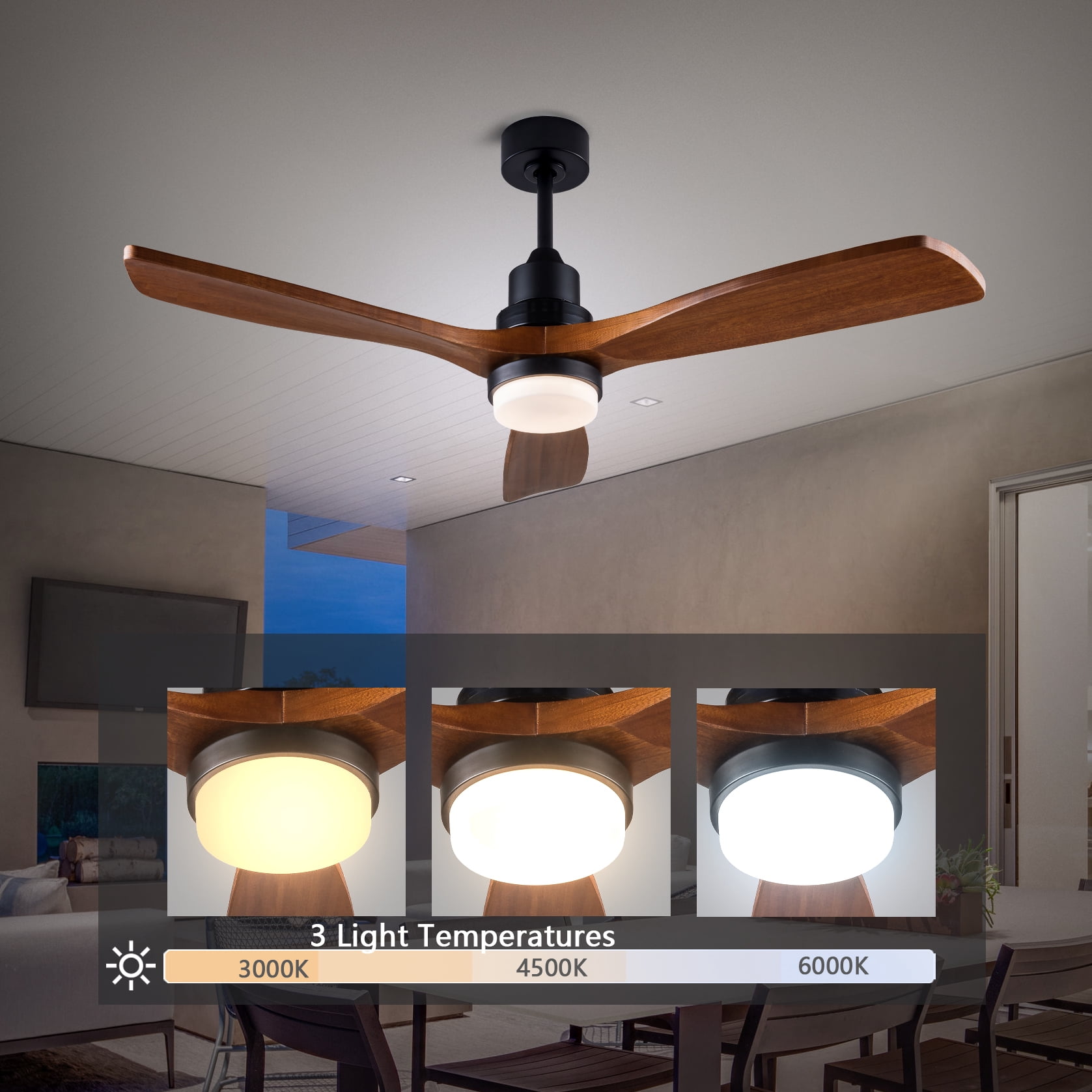 Mintazer 52 in Ceiling Fan with Lights and Remote, Modern Ceiling Fan with 6 Speed & 3 Blade for Farmhouse Bedroom Living Room Gazebo Patio, Brown
