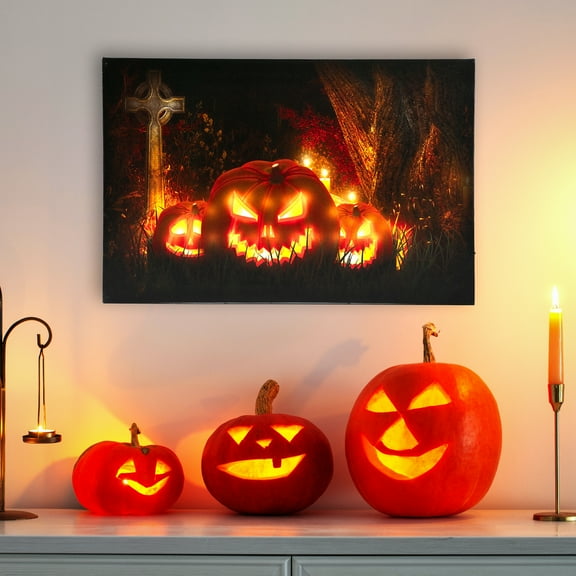 Northlight LED Lighted Jack-O-Lanterns in Cemetery Halloween Canvas Wall Art 23.5" x 15.5"