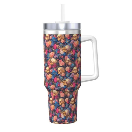 

Zeuib Skull colorful daisy Printed Insulated Stainless Steel Hot/Cold Coffee Cup 40oz Ice Bully With Handle Tumbler with Straw and Handle Insulated Water Bottle Travel Mug Cup