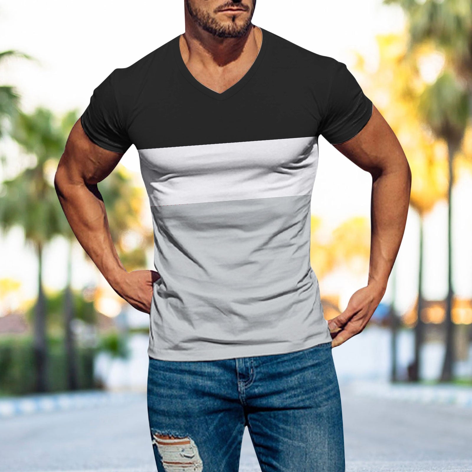 KI-8jcuD Soft Stretch Cotton Solid Short V Neck Slim Fit T Shirt Fashion Casual Tee for Men Mens Small Shirts 2Xl Tall Mens T Shirts Big and Tall Shirts