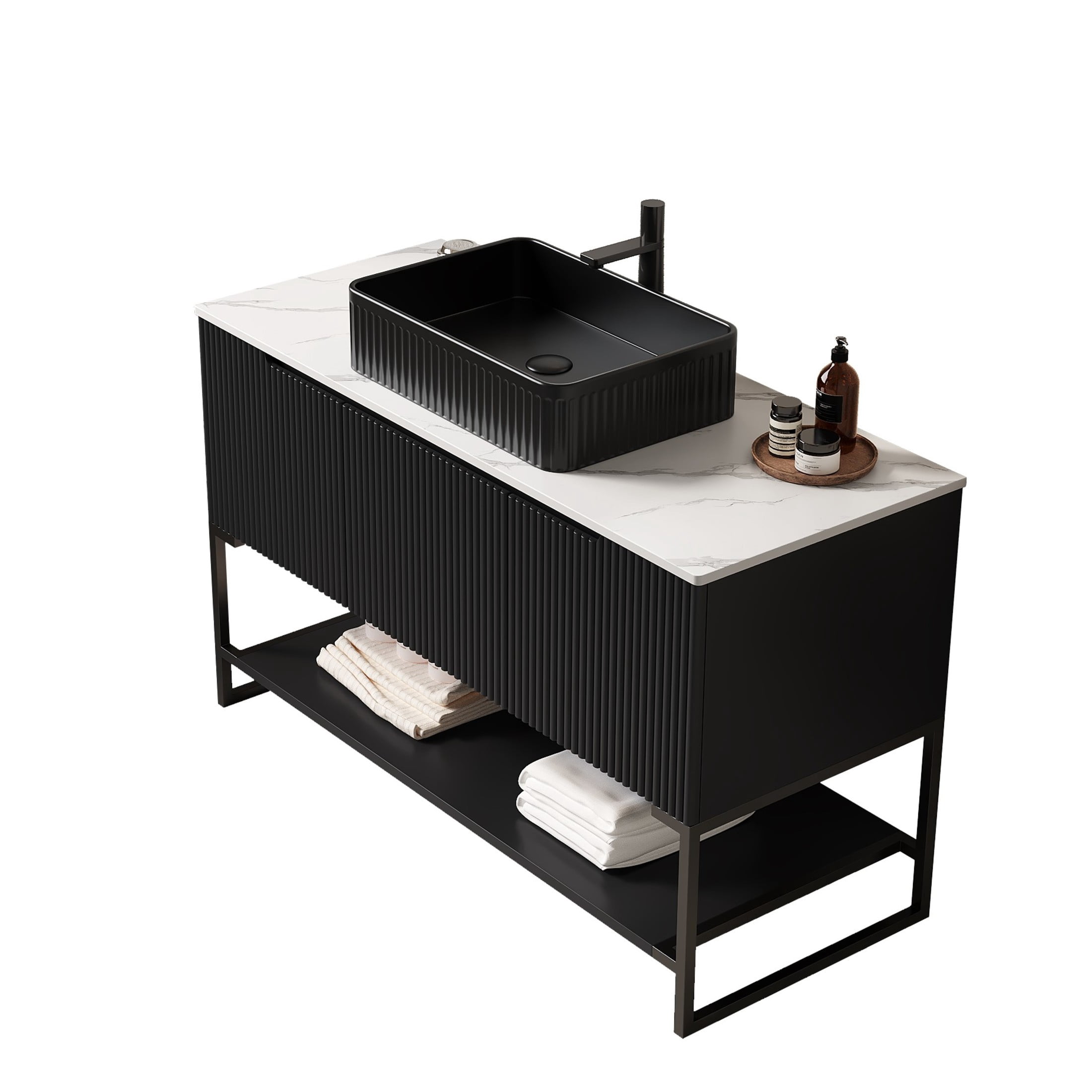 Noble House Tulio 48" Freestanding Bathroom Vanity with Sintered Stone Countertop, Black Rectangle Ceramic Basin, Black