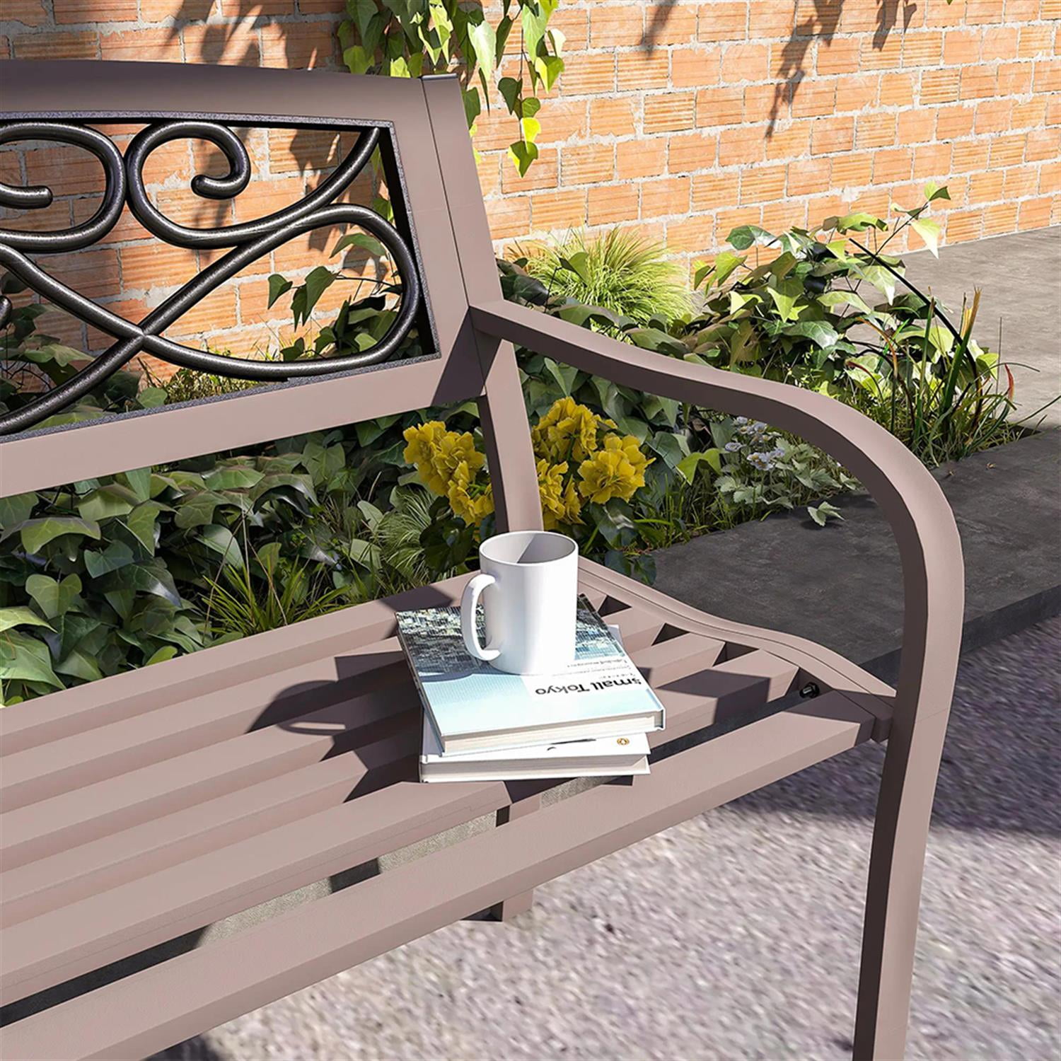 Demi Bonn Patio Garden Bench Metal Park Bench, Outdoor Benches Furniture with Floral Pattern Backrest & Slatted Seat for Patio, Park, Lawn, Yard, Brown