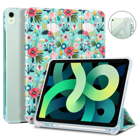iPad Air 4 10.9 Case 2020 with Pencil Holder, Ulak Slim Trifold Lightweight Smart Stand with Auto Sleep/Wake Premium Shockproof Cover for Apple iPad Air 10.9 inch 4th Generation, Mint Floral