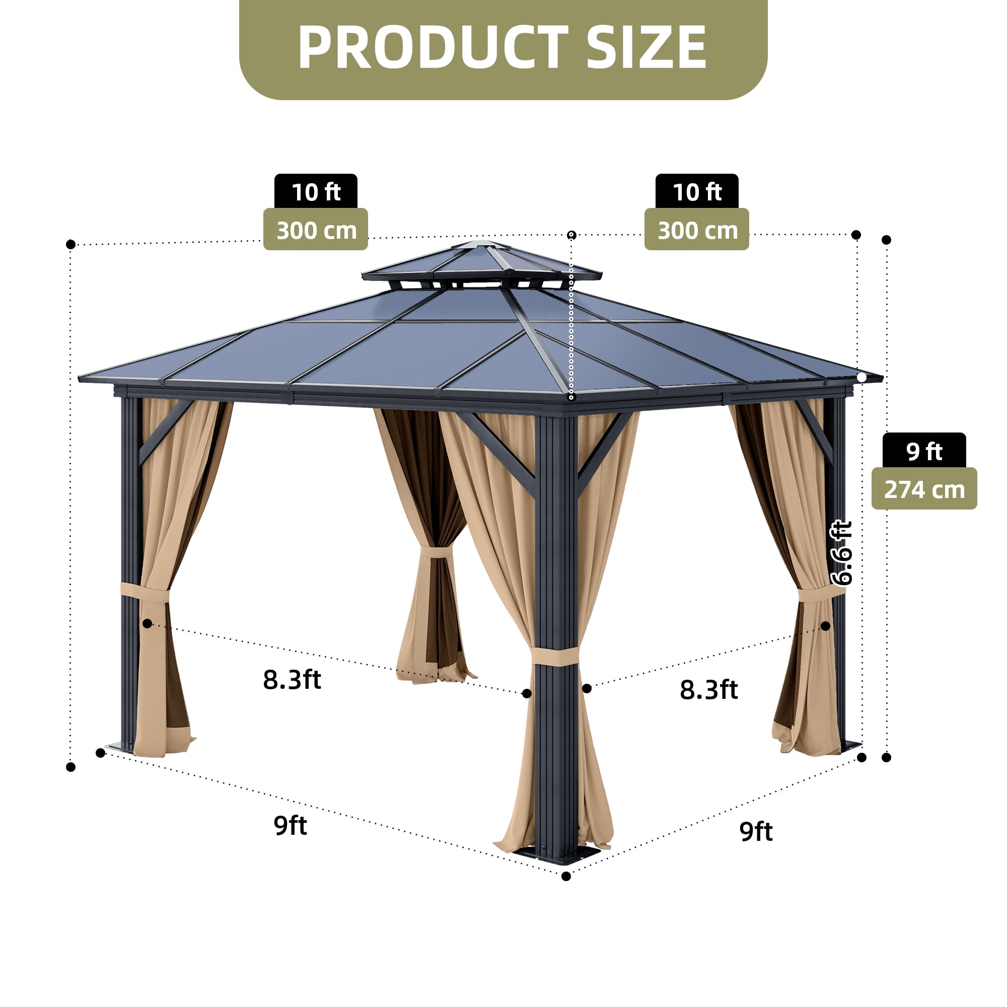 Dextrus 10' x 10'  Hardtop Gazebo with Netting & Shaded Curtains, Outdoor Polycarbonate Double Roof Canopy,Aluminum Column Garden Tent for Patio, Backyard, Black&Brown