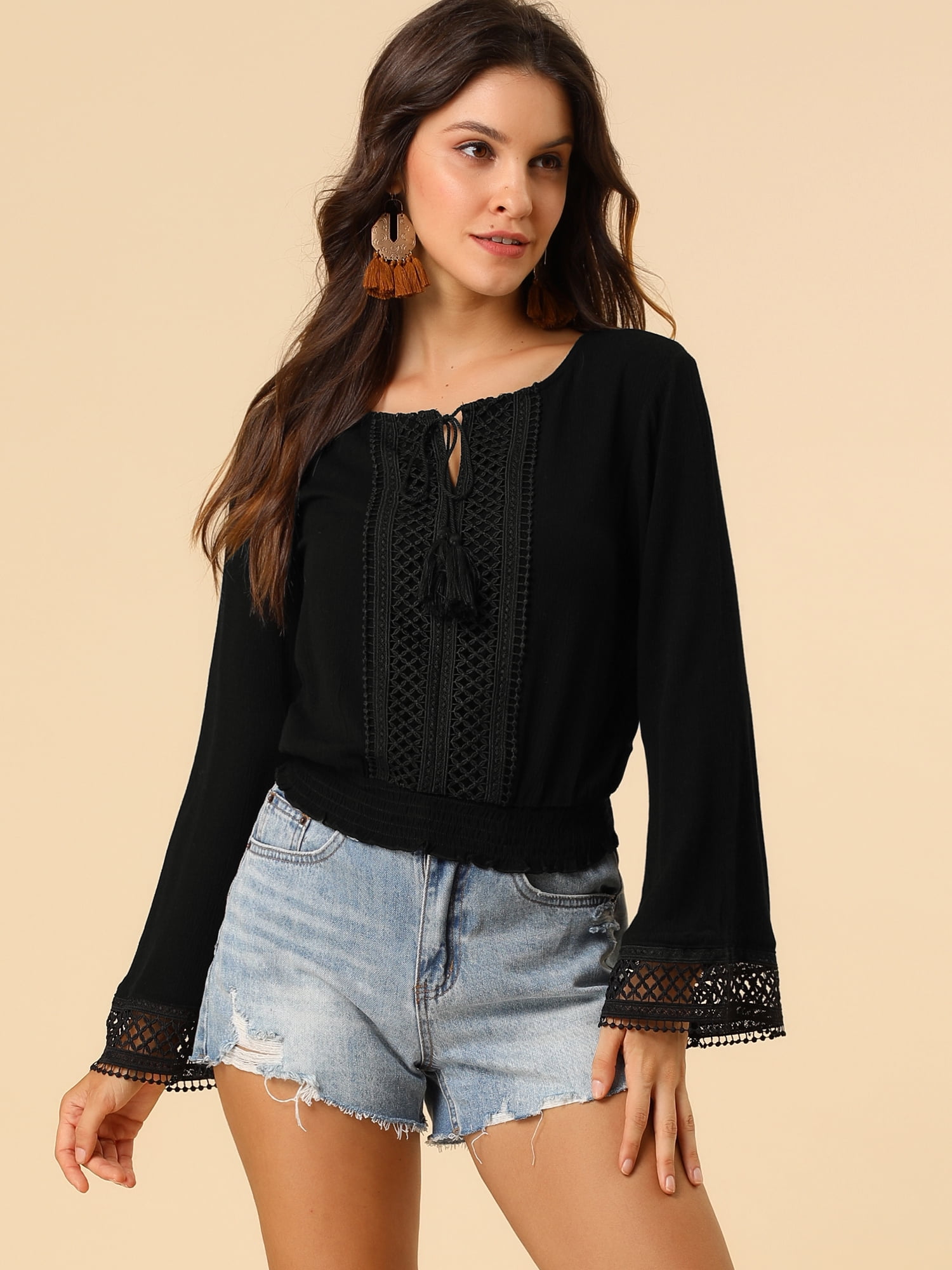 DARING DIVA Women's Lace Peasant Bell Sleeve Smocked Hem Cropped Boho Blouse S Black