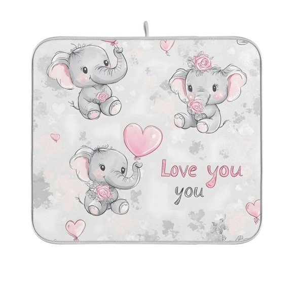 Yayeee Dish Drying Mat for Kitchen Counter 16"x18" Microfiber Absorbent Pad, Cartoon Elephant