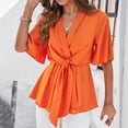 thumbnail image 5 of BXJX Women's Solid Color Blouses with Belted Waist- Short Sleeve V Neck Ruffle Casual Summer Tops Orange Size S, 5 of 7