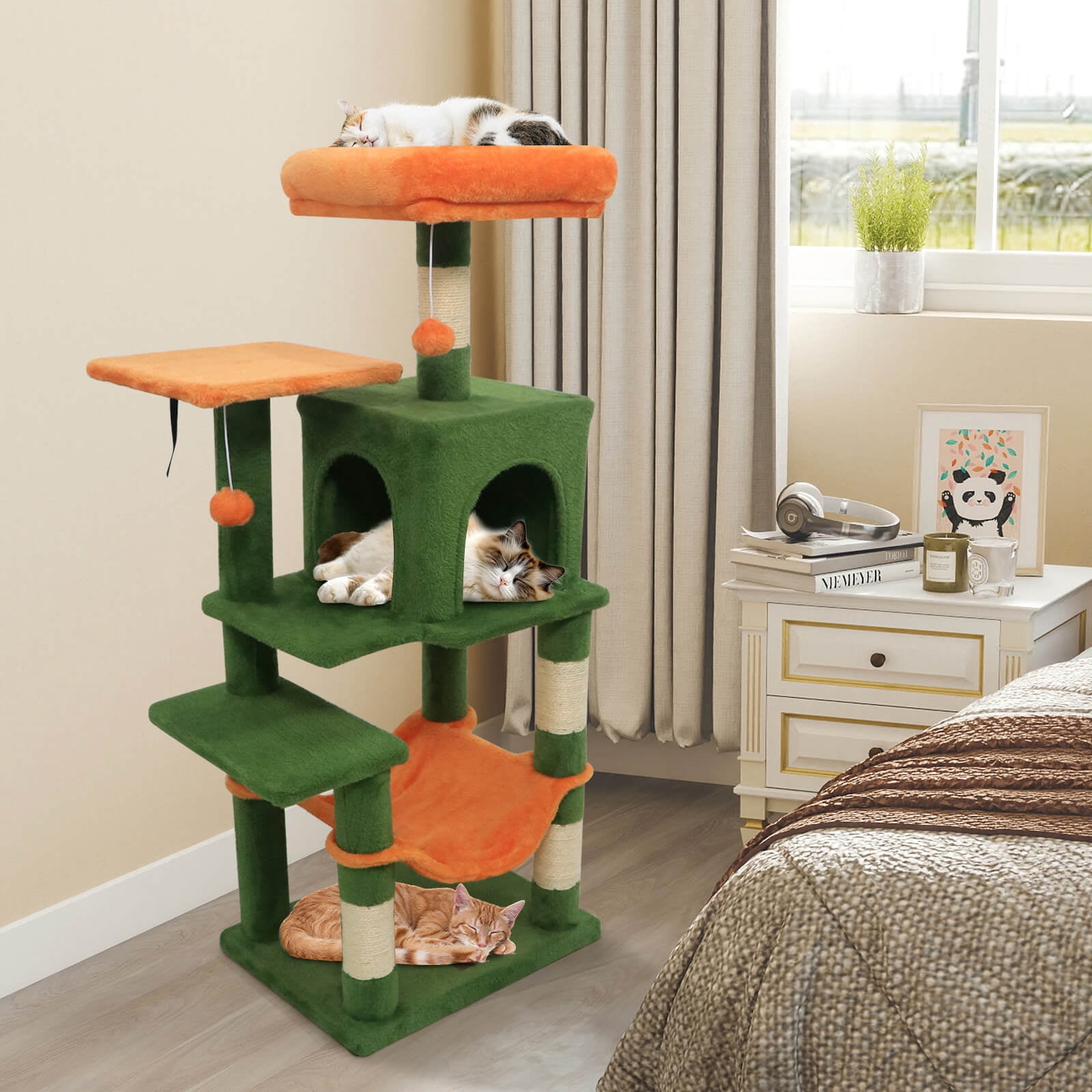Costway 44” Tall Multi-level Cat Tree, Modern Cat Tower with 2-Entrance Large Cat Condo Green Orange