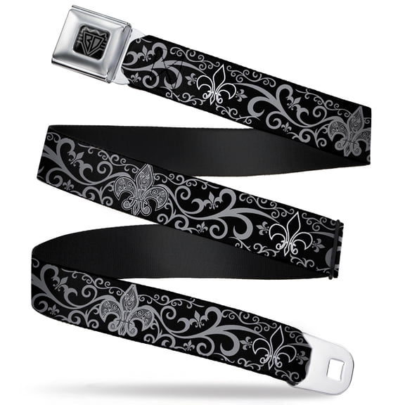 Buckle-Down Belt, Seatbelt Buckle Belt, Fleur De Lis Filigree Black Gray, 30 to 44 Inches
