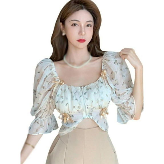 GOODLY Puff Short Women's Floral Sleeves Chiffon Sleeve Short Blouse Square Neck