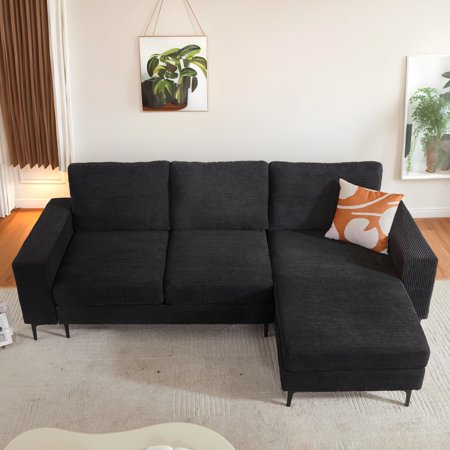Ovios 97" Corduroy Sectional Sofa with L-shaped Chaise Modern Minimalist Upholstered 3-Seater Couch for Living Room, Black