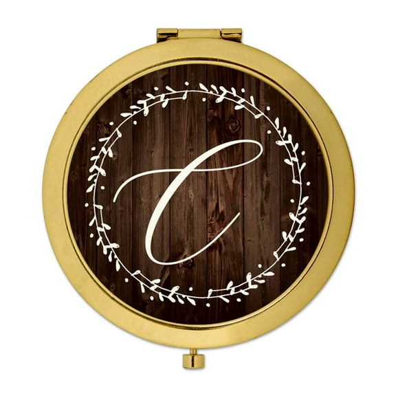 Koyal Wholesale Gold Compact Mirror Bridesmaid's Wedding Gift, Rustic Wood with Laurels, Monogram Letter C, 1-Pack