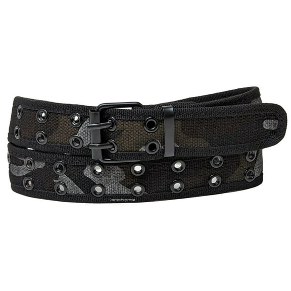 Dark Brown Camouflage 2 Holes Row Metal Grommet Stitched Canvas Fabric Web Belt