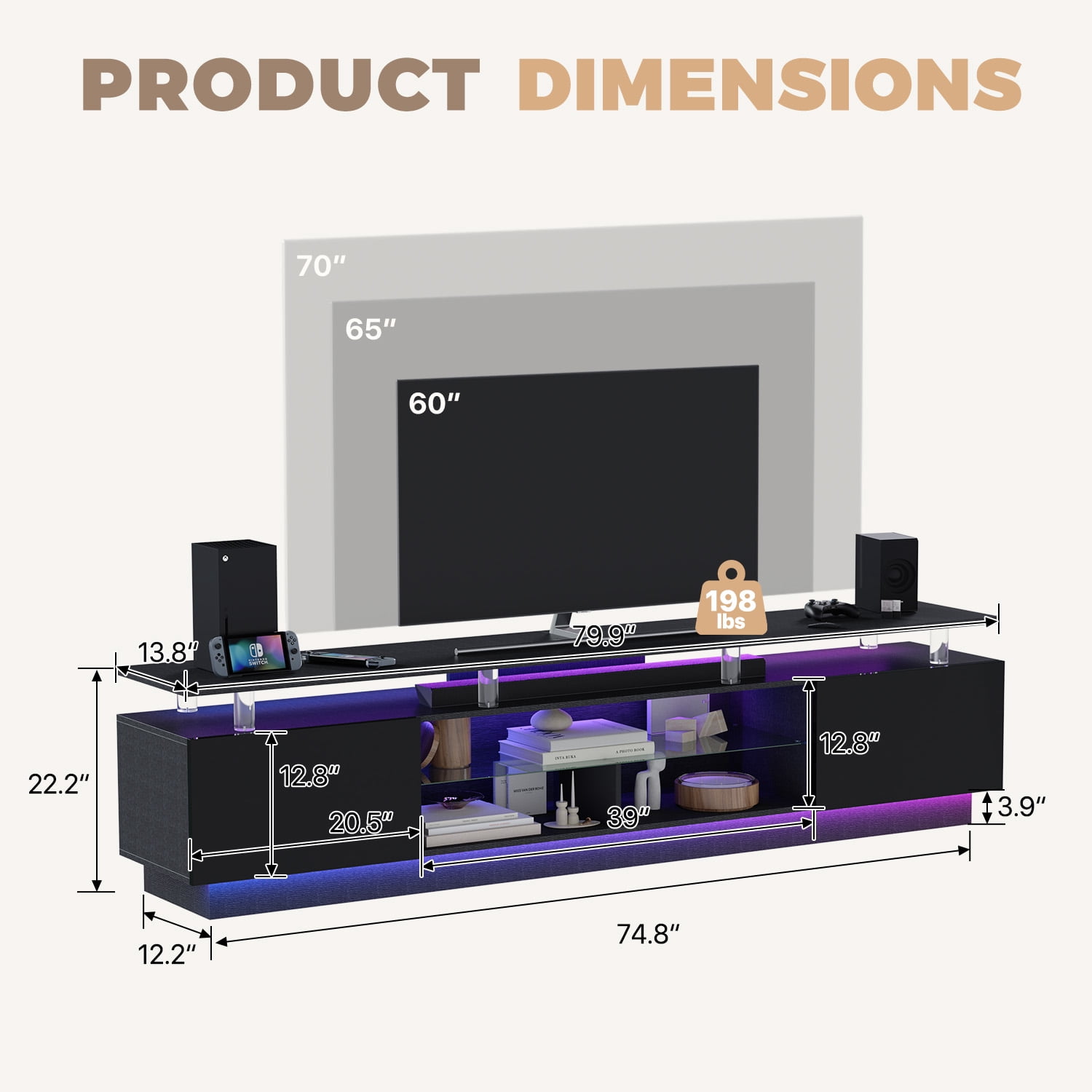 BaPiPro 80" LED Modern TV Stand for TVs up to 90", Entertainment Center TV Console with Music Sync LED for Living Room, Black