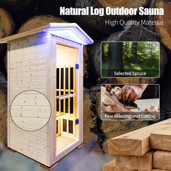 OUTEXER Outdoor Saunas Far Infrared Sauna 1 Person, 1300W Hemlock Wood Dry Sauna with Digital Controler,Bluetooth Player, 7 Heating Panels, Christmas Birthday Gift for Family Friends