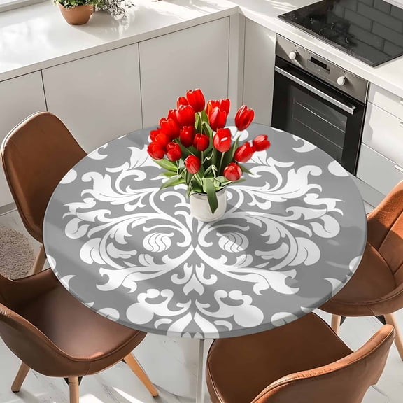 Vintage Floral Elastic Fitted Round Tablecloth Grey White Waterproof Outdoor Table Cover for Holiday Party, Picnic, Patio & Dining Fits Tables Up to 36"-44"