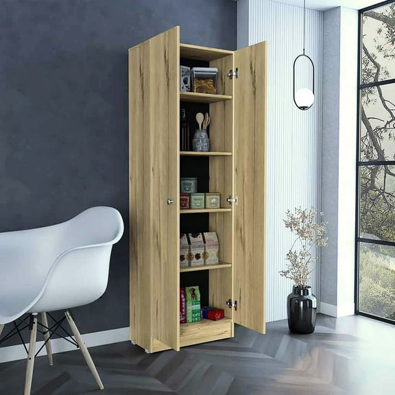 Oak Cabinet With 5 Shelves, 69.51" H X 23.99" W 11.5" D, Straightforward Setup 5-shelf Storage In Oak, Assembly Required