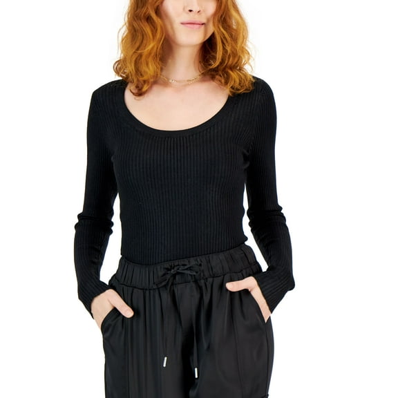 INC International Concepts Womens Foil Scoop Neck Sweater Black Foil L