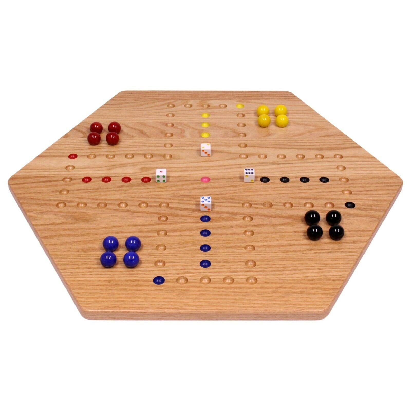 Wooden Hand-Painted Aggravation Board Game - Oak Wood - Large 24" Wide Board - with XLarge 22mm Marbles and Dice