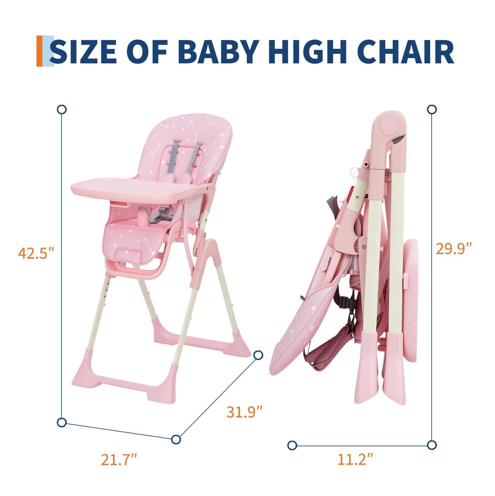Collapsible Baby High Chair for Feeding – Adjustable Height, Backrest & Footrest, Removable Tray, Compact Fast Folding, Safe for Babies & Toddlers, Easy Clean