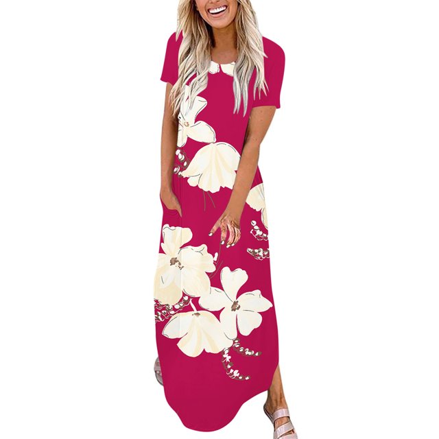 Liquidation d'Été Iumwxz Robe à Manches Courtes Col Rond pour Femmes Tunique Décontractée Robe Maxi Ample Robe Graphique Florale Robe Longue pour Femmes Robe Tendance pour Usage Quotidien Décontracté