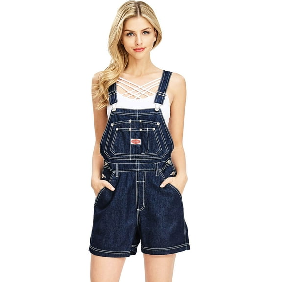 Revolt Women's Juniors Classic Twill Short Overalls (M, Dark Denim)