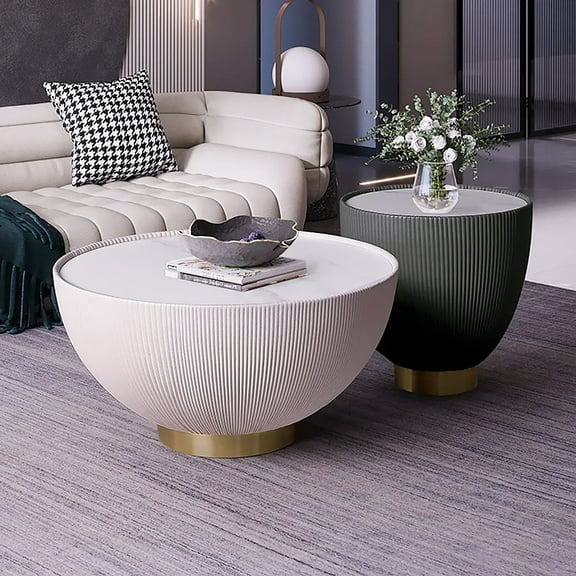 Homary Modern Coffee Table Set Beige & Gray Drum Sintered Stone Round PU-Leather Coffee Table Set