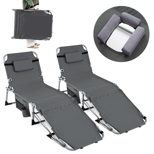 Costway Lot de 2 Chaises Longues Pliantes d'Extérieur à 4 Positions avec Repose-Pieds Réglable Gris