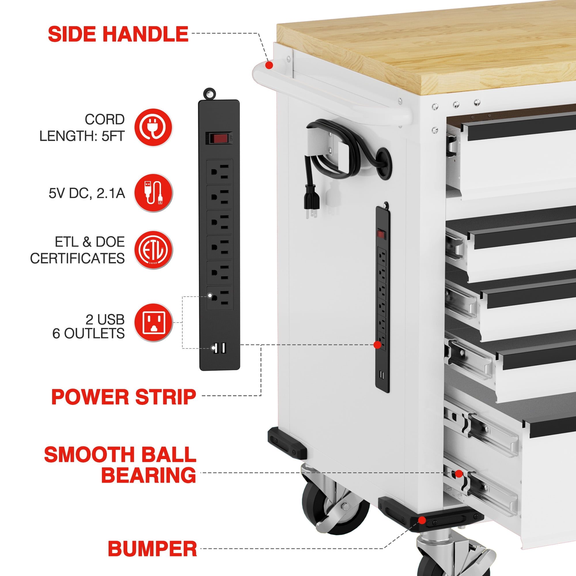 WORKPRO 72" x 22" Rolling Tool Cabinet, 9-Drawer & 1-Door, 1500 LBS Capacity Tool Chest with Wooden Workbench, Adjustable Shelves, Locking System and 6 Swivel Casters