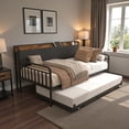 thumbnail image 2 of Tcbosik Twin Size Daybed with Trundle, Charging Station and LED Lights, Modern Sofa Bed with Upholstered Headboard for Living Room, Guest Room, Bedroom, Metal Slats Support, Black+Grey, 2 of 6