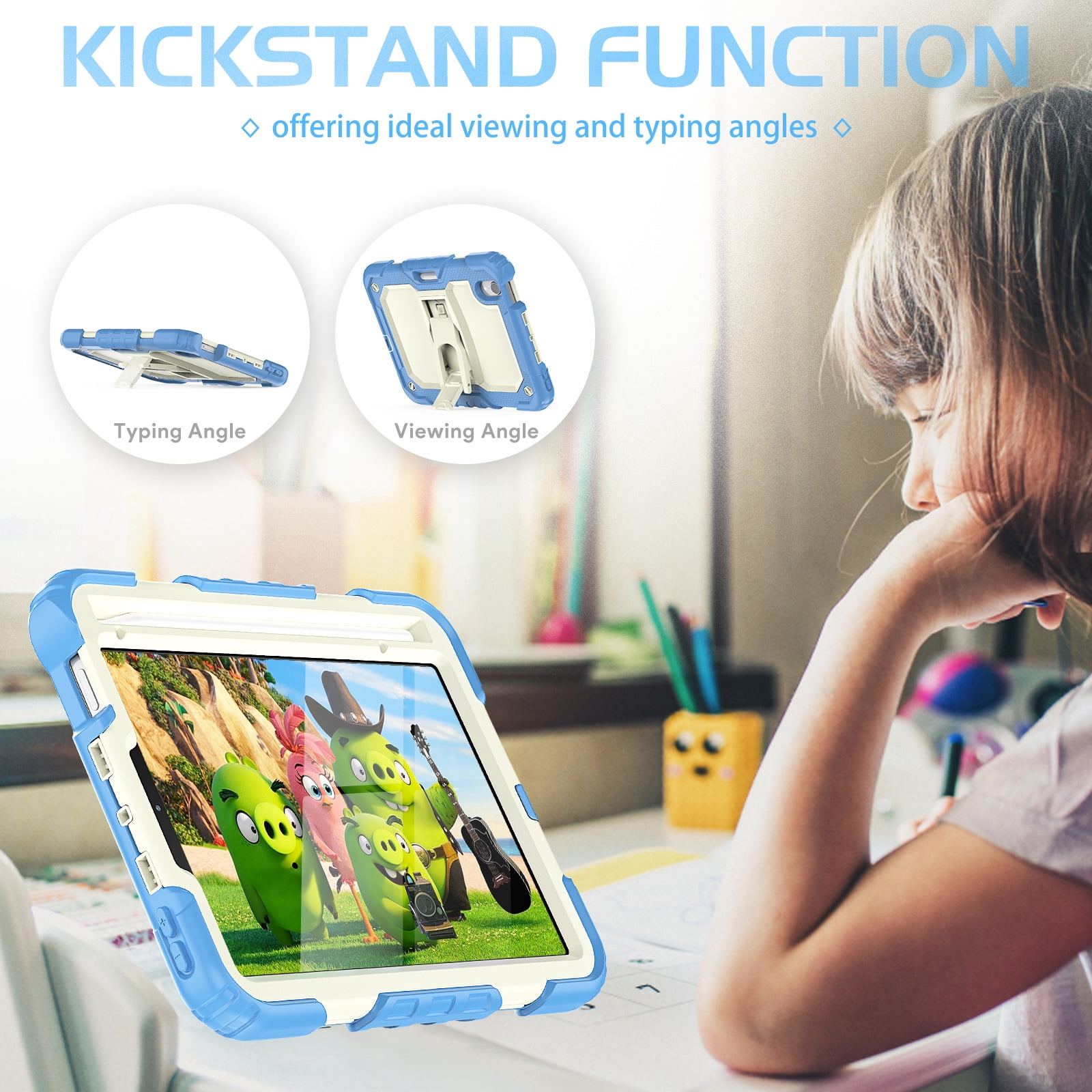 for iPad mini 6th Gen 8.3" 2021 Case with PET Screen Protector + Pencil Holder + Stand + Shoulder Strap | Heavy Duty Protection 3 Layer Silicone PC Case for iPad mini 6th Generation | Skyblue+Beige