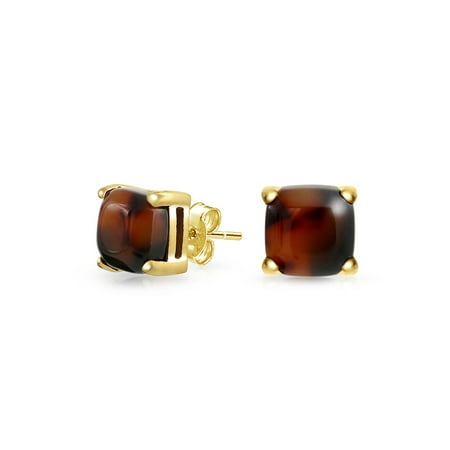 Womens Brown Ion Plated - Brown Cushion Square 4 Prong Shaped Acrylic Tortoise Shell Stud Earrings For Women 8MM 14K Gold Plated Stainless Steel