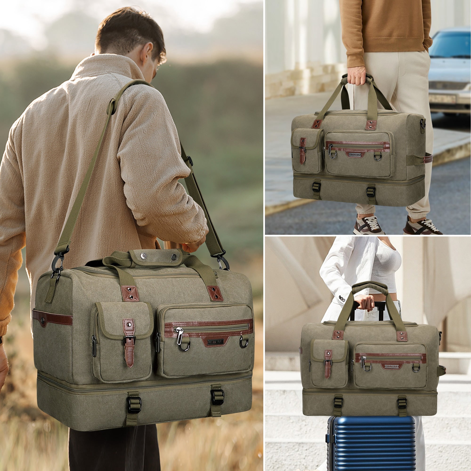 WITZMAN Canvas Weekender Bag Mens Overnight Bag for Traveling Carry on Duffle Bags with Shoes Compartment(A8010 Army Green)