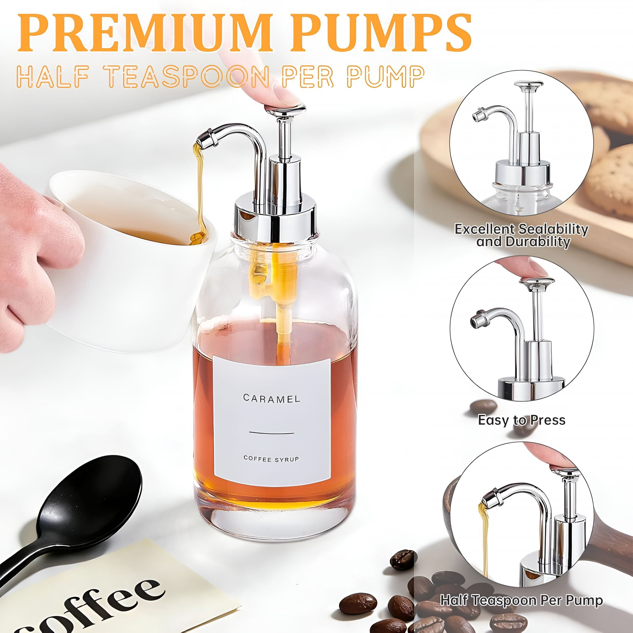 ACDANC 2026 New Coffee Syrup Dispenser Coffee Bar Accessories 16.9 Oz Syrup Dispenser with Labels,Syrup Pump Dispenser for Coffee Bar(Silver Pump), for Coffee Stations, Kitchens, Home Bars, Cafes.