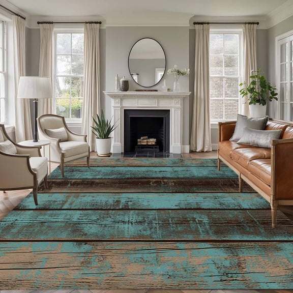 Large Area Rug 8'x10', Teal Wood Grain Non-slip Runner Carpet for Living Room/Bedroom/Office, Gradient Farm Old Wooden Board Vintage Outdoor Indoor Area Rug Floor Mat for Kitchen/Dining Room