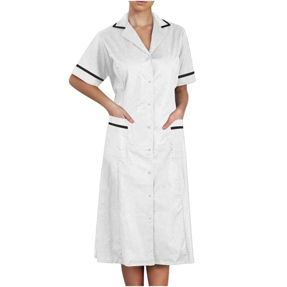 Ecqkame Scrubs Dress for Women Lapel Neck Short Sleeve Button Down Work Dress Solid Color Nursing Uniform Midi Dress with Pockets White M