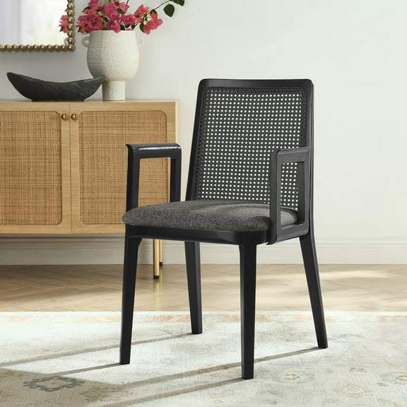 Modway Monarch Wood and Rattan Dining Armchair in Black Black Gray