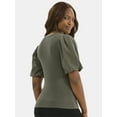 thumbnail image 3 of Time and Tru Women's Mixed Media Top with Puff Sleeves, Sizes XS-XXXL, 3 of 5