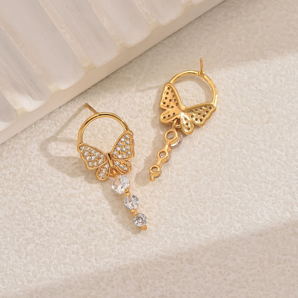 Elegant Butterfly Brass Pave Clear Cubic Zirconia Dangle Stud Earrings DIY Golden 34x15mm